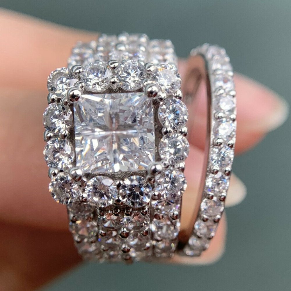 🎁 Princess Cut Zircon Full Filled Square Multi Layer Luxury Ring Set, UNVN12246 - Picture 4 of 8
